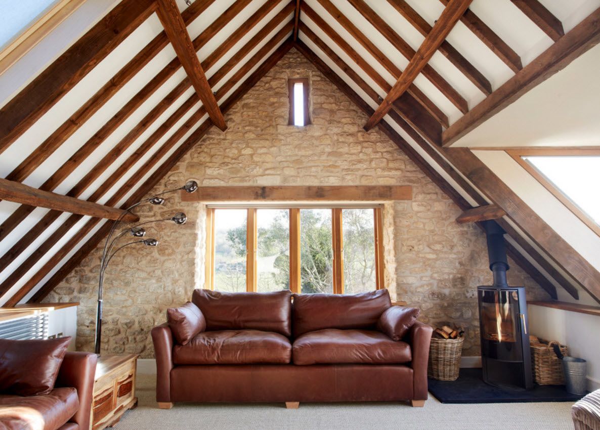 Open brickwork and ceiling beams in an attic