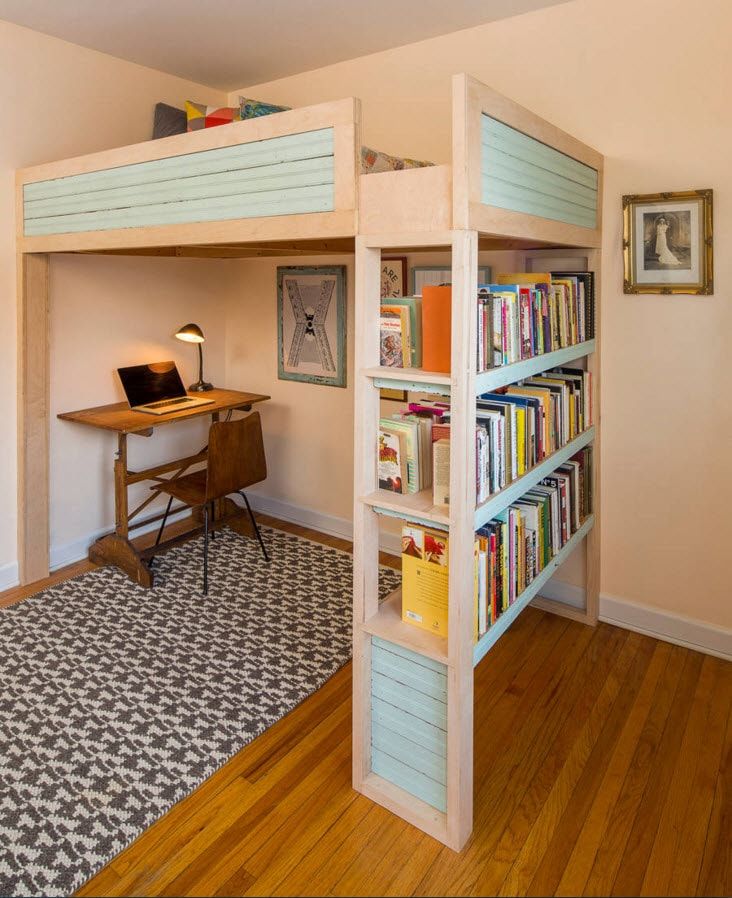 Design Examples of Small Kids' Rooms for Boys Decoration. Library in the decorative wall-stand of the bunk bed