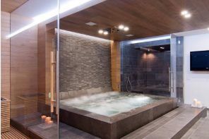 Absolutely unique design for the highlighted bath zone with wooden ceiling and perimeter lighting