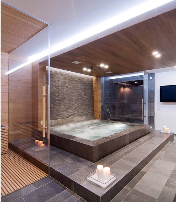 Absolutely unique design for the highlighted bath zone with wooden ceiling and perimeter lighting