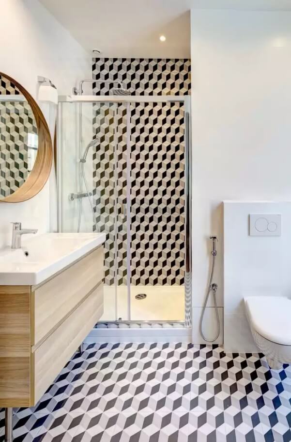 3d tile black and white decorated floor at the bathroom
