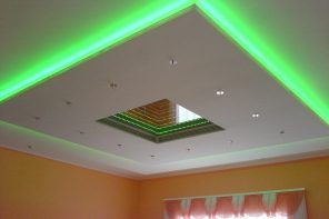 Plasterboard Ceiling Finishing Design Ideas for Apartment. Green neon backlight of the cosmic ceiling construction