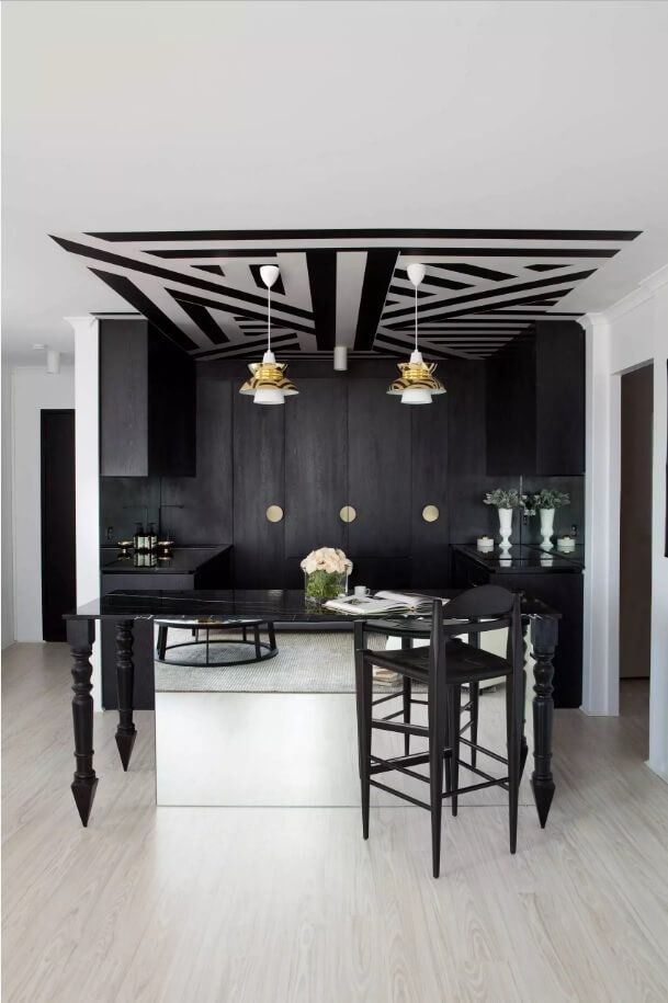 Ceiling Paint Interior Finishing Design Ideas as Nice Budget Option. Creative grid of stripes for the black and white comtrasting kitchen