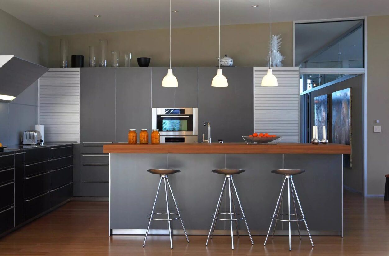 Kitchen Pendant Lighting Possible Design Types with Photos. Gray interior and white fixtures