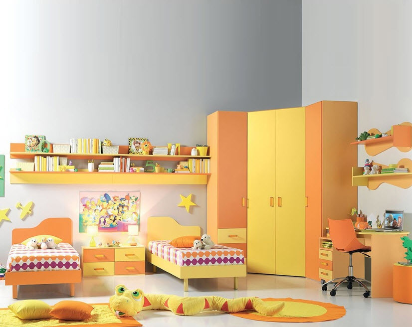 Corner Cabinet Types for Modern Bedroom Interior Design. Orange and yellow color theme for spacious nursery 