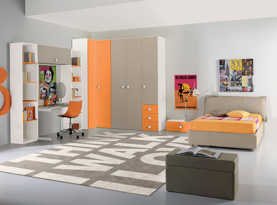 Corner Cabinet Types for Modern Bedroom Interior Design. Alternative dark grey and orange facades for the storage systems in the children's room