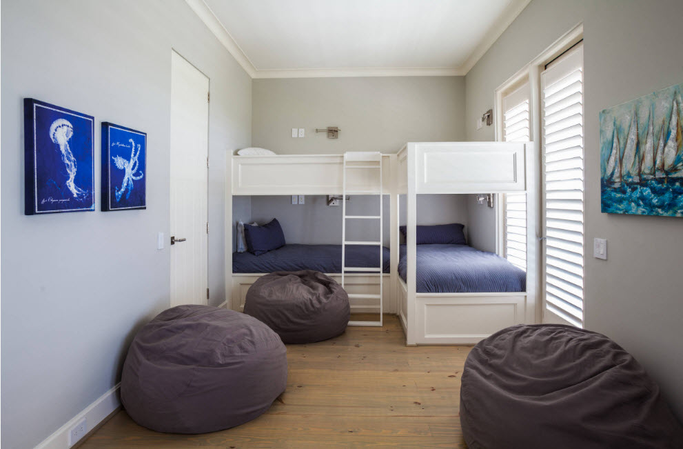 Bean bag chair. Fresh Modern Interior Design Idea for any Room. Kids' room with two angular located bunk beds