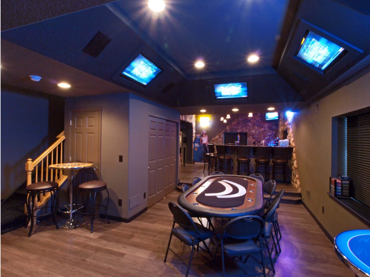 Underground basement poker room in classic design with big screens for realistic play