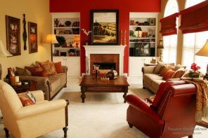 Red Color Interior Decoration. Versatility of Red Shades. Red accentual wall with the fireplace and shelving
