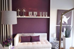 Purple Color Interior Decoration Ideas. Accent wall with the shelf for the romantic evenings