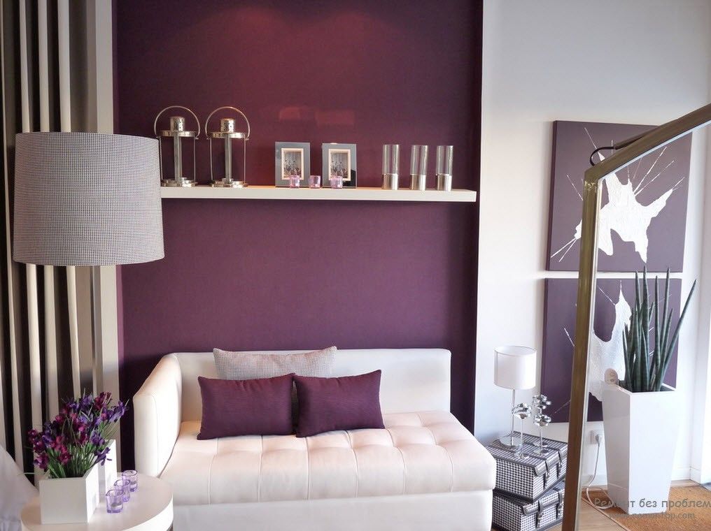 Purple Color Interior Decoration Ideas. Accent wall with the shelf for the romantic evenings