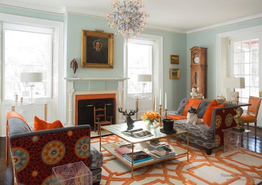 Orange Color Interior Decoration Real Photo Examples. Curcles on the carpet