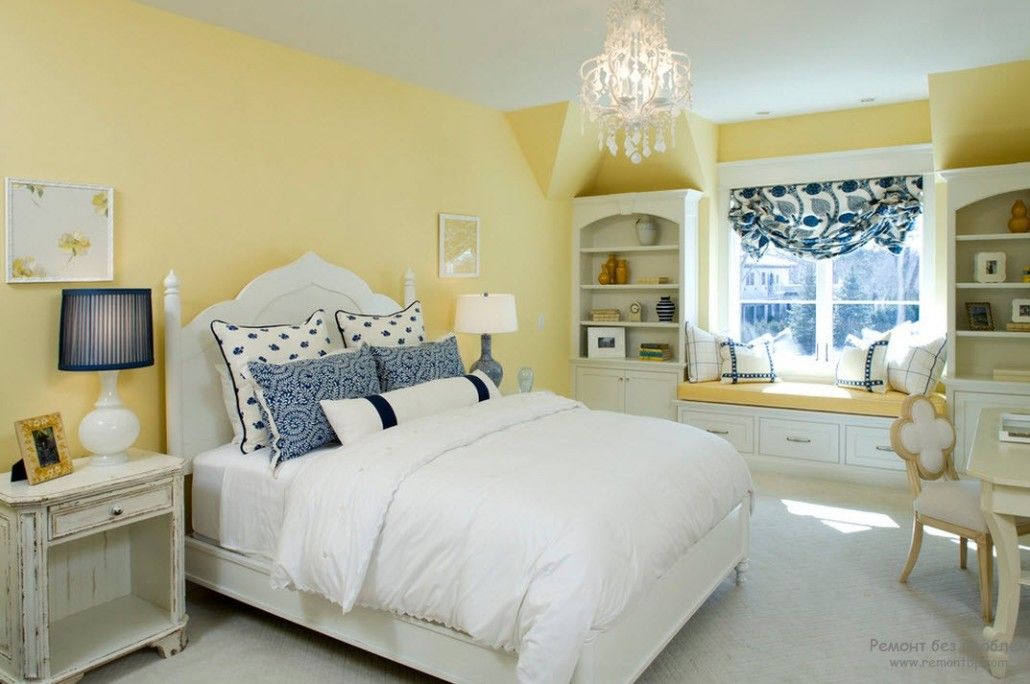 White bedroom floor and sleeping place with the yellow accent of the wall