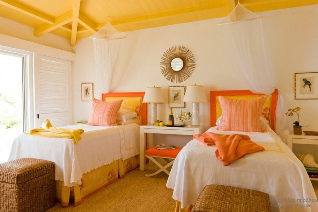 Orange Color Interior Decoration Real Photo Examples. Bedrom for two with yellow complementing