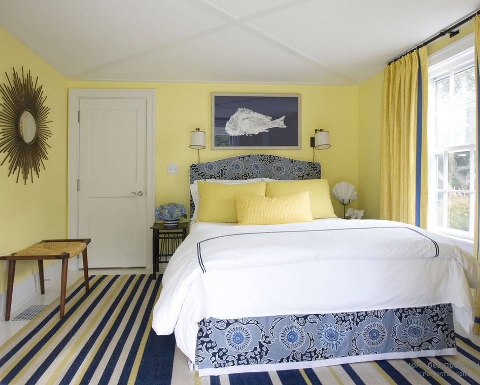 Marine style striped carpeting and the mild yellow walls