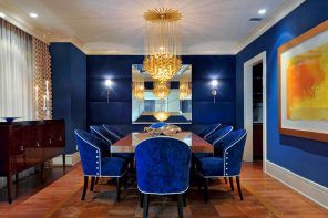 Blue Color Interior Decoraion Ideas. Water Element in Your Home. Rich shade mixed with gold for luxurious dining room image