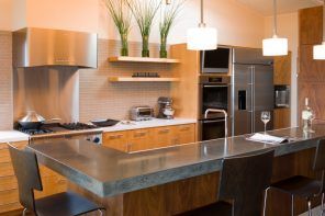 DIY Pouring Concrete Countertops. Interior Usage, Photos, Ideas. Hi-tech and eco styles mix in the kitchen with steel appliances' surfaces