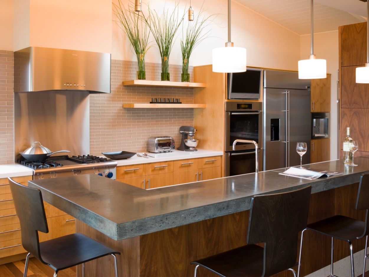 DIY Pouring Concrete Countertops. Interior Usage, Photos, Ideas. Hi-tech and eco styles mix in the kitchen with steel appliances' surfaces