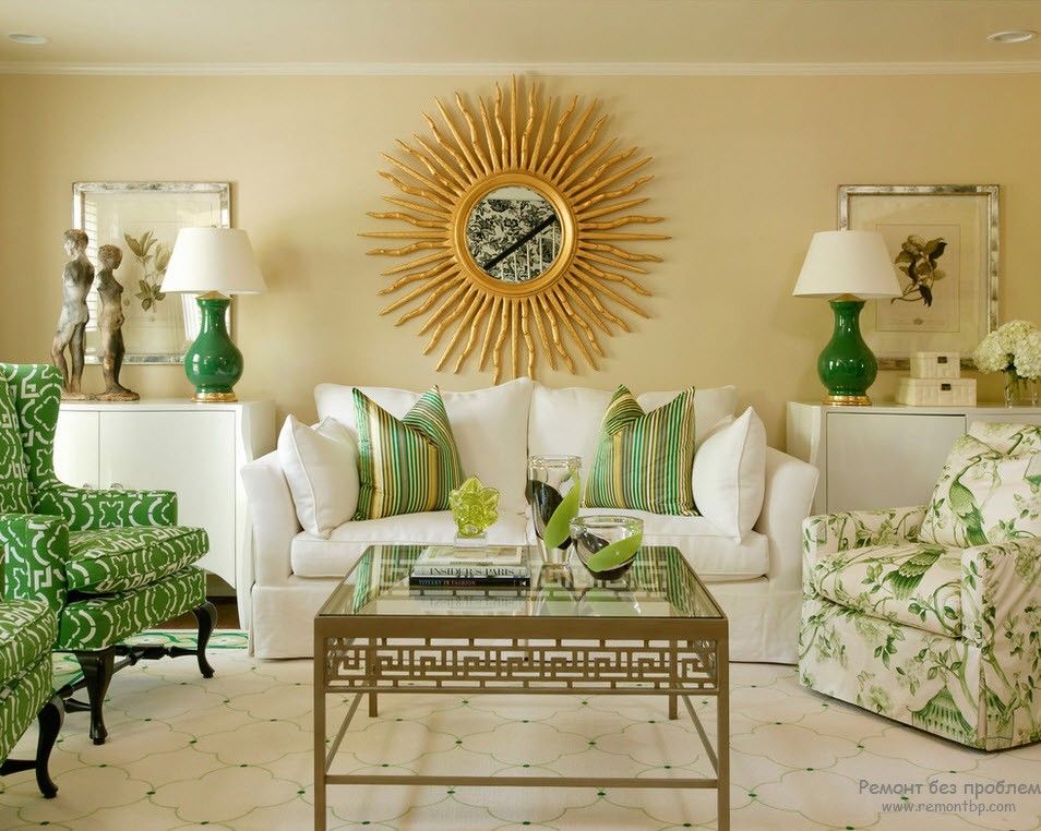 Green Color Interior Decoration Ideas. Bit of Nature at Home. Classic living room with sunburst mirror in the center and green decorating elements