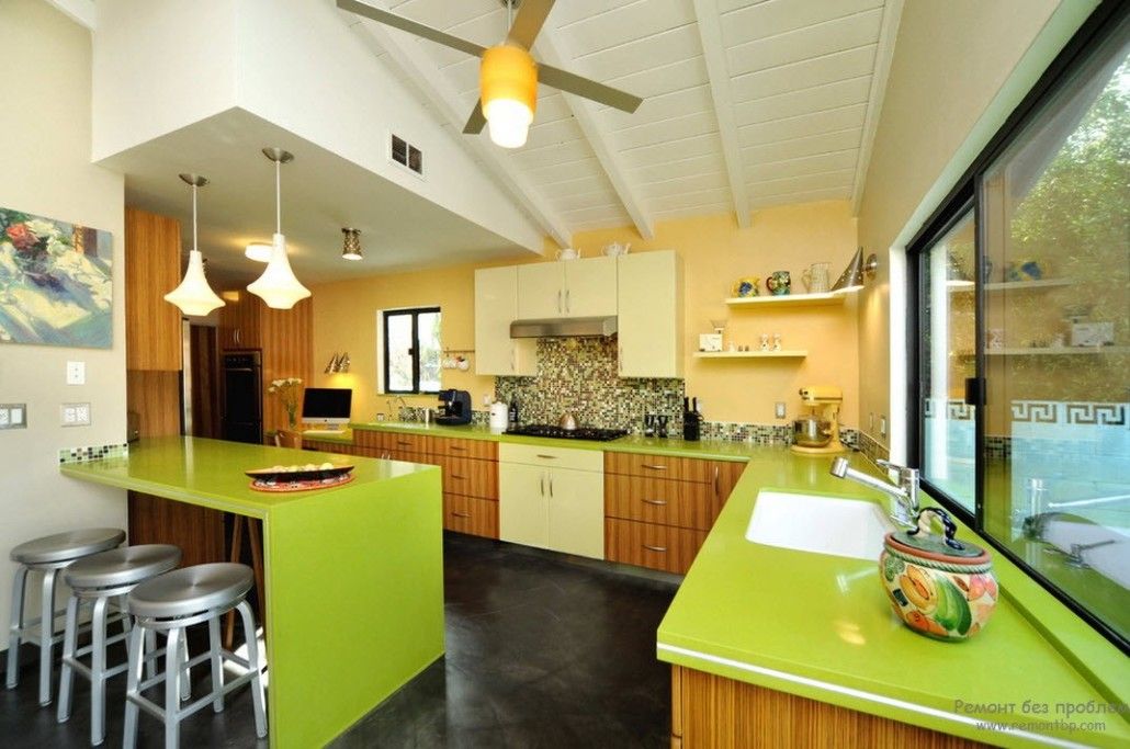 Green Color Interior Decoration Ideas. Bit of Nature at Home. Lime colored tops of the kitchen island and countertop