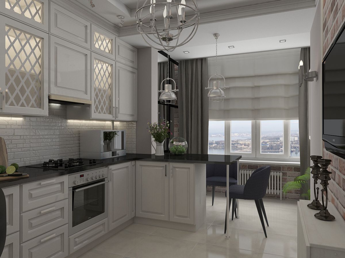 Kitchen Combined with Loggia or Balcony Design Ideas. The former wall is the ending of the kitchen furniture set composition