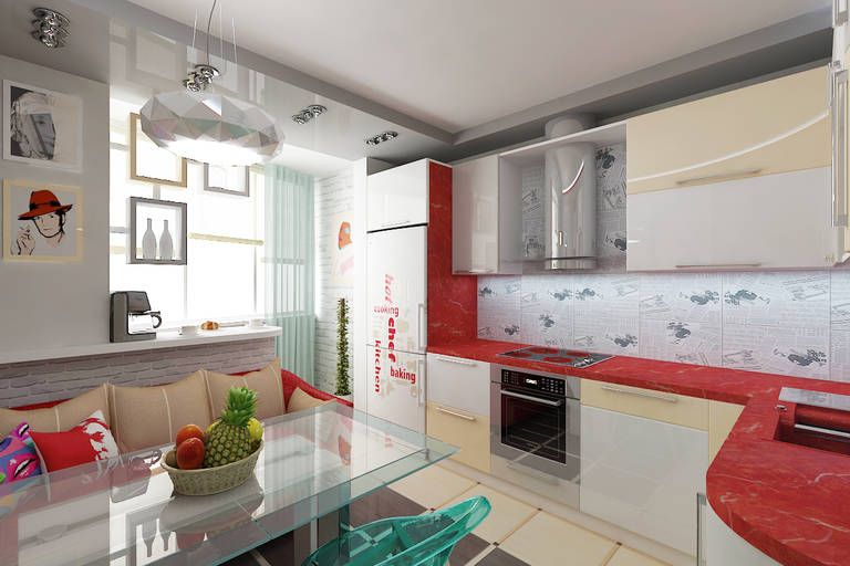 White and red spots at the light furniture set of modern kitchen