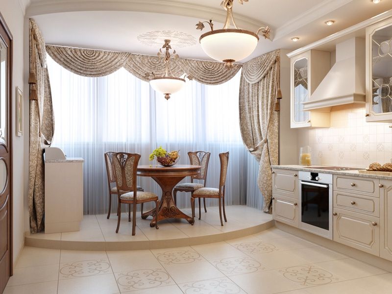 Classic designed kitchen with the dining zone in the balcony zone and on the pedestal of the floor difference