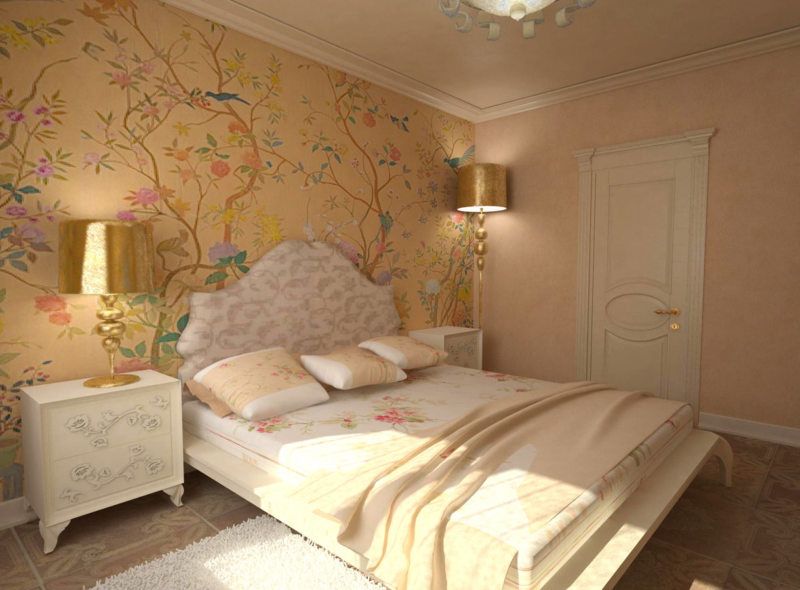 Gold tint for decoration of small bedroom with drawed wallpaper