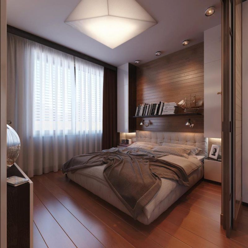 Cute bedroom design of the Contemporary style with wooden flooring and shelving at the headboard