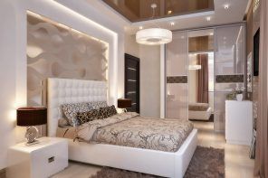 Platform bed and perimeter LED lighting of the recessed grayish headboard