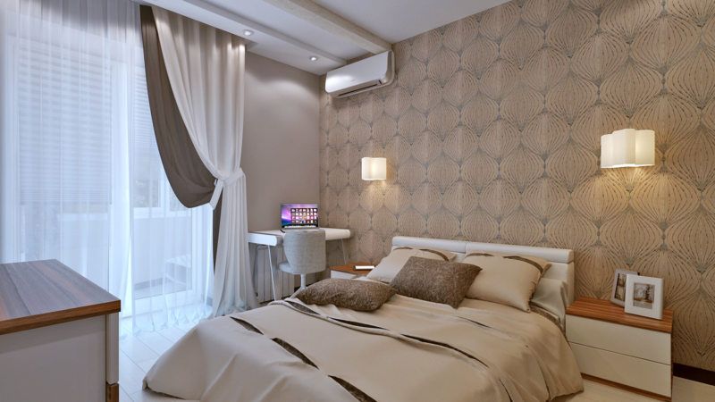 Cute modern design idea for the bedroom with air conditioner and drawing at the wallpaper