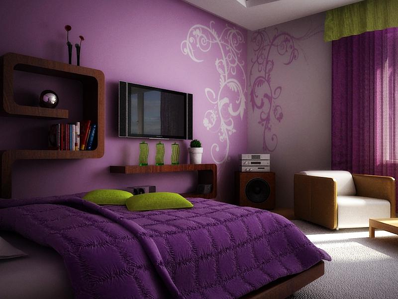 Deep purple colored bedroom with white dilution
