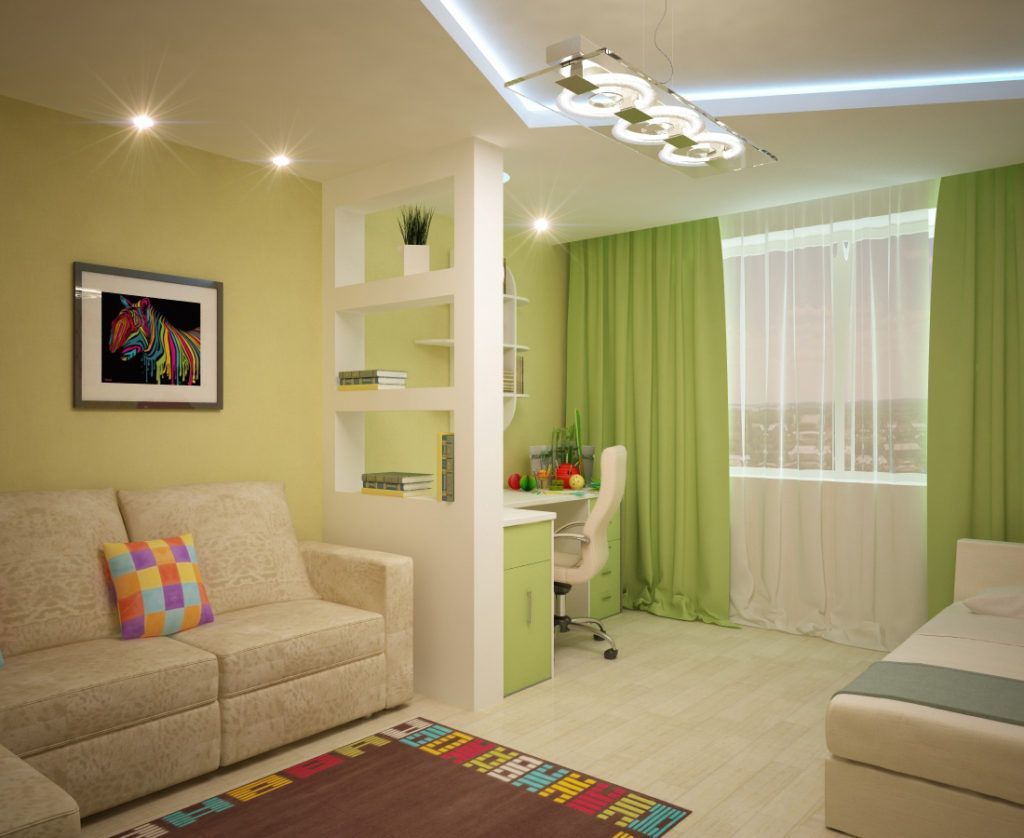 Green curtains for modern joyful designed living room with storage partition