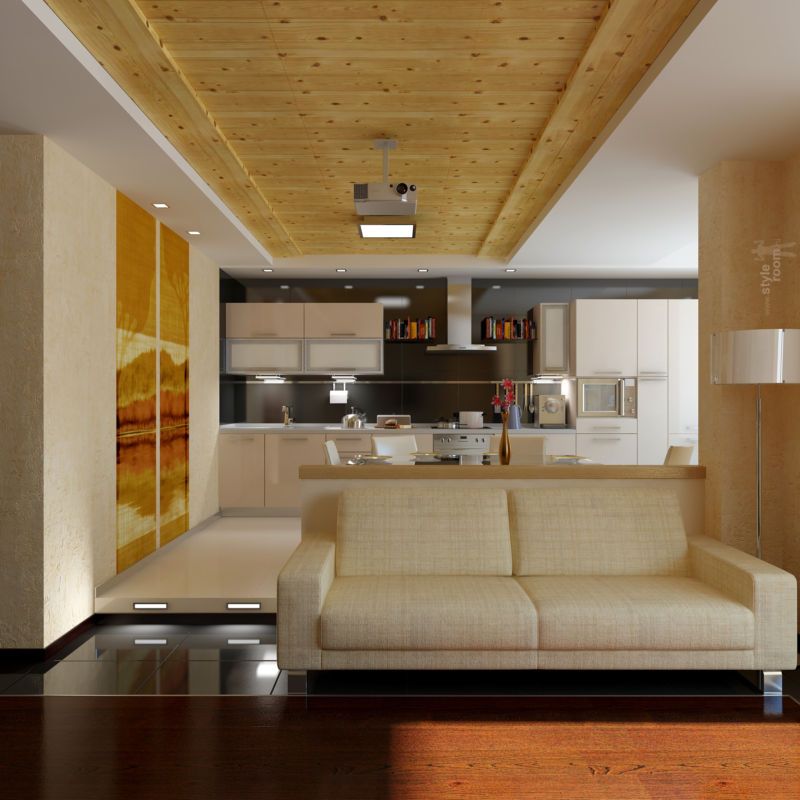 Wooden trimming of the ceiling and light leather upholstered sofa