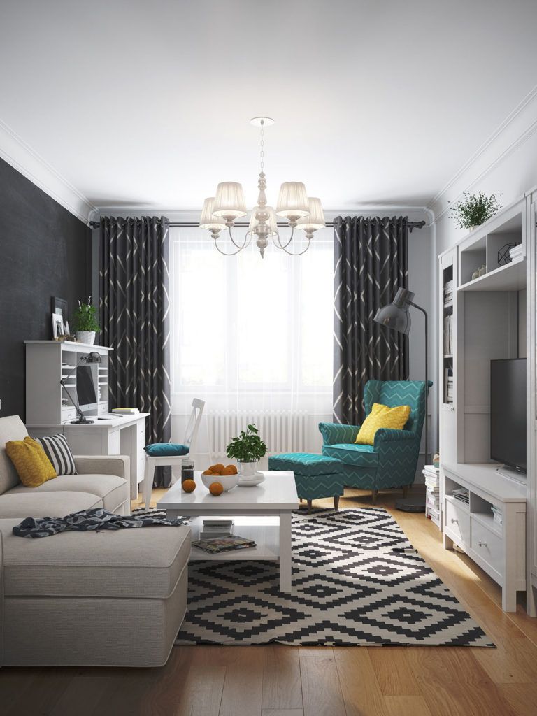 Peculiar black and white pattern of the rug in the Contemporary styled room with accent gray wall