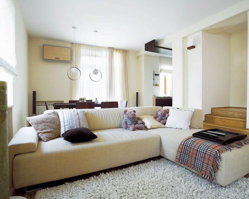 Light beige decoration in the room with fluffy rug and angular sofa