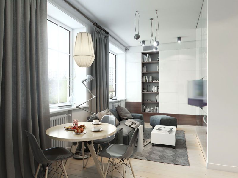 White and gray minimalistic ambience of the light and spacious room