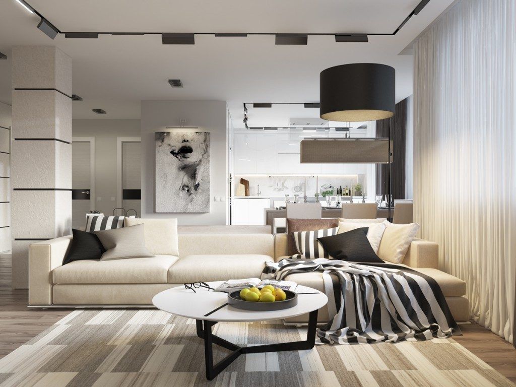 Zebra coverlet at the large beige sofa in modern designed living room