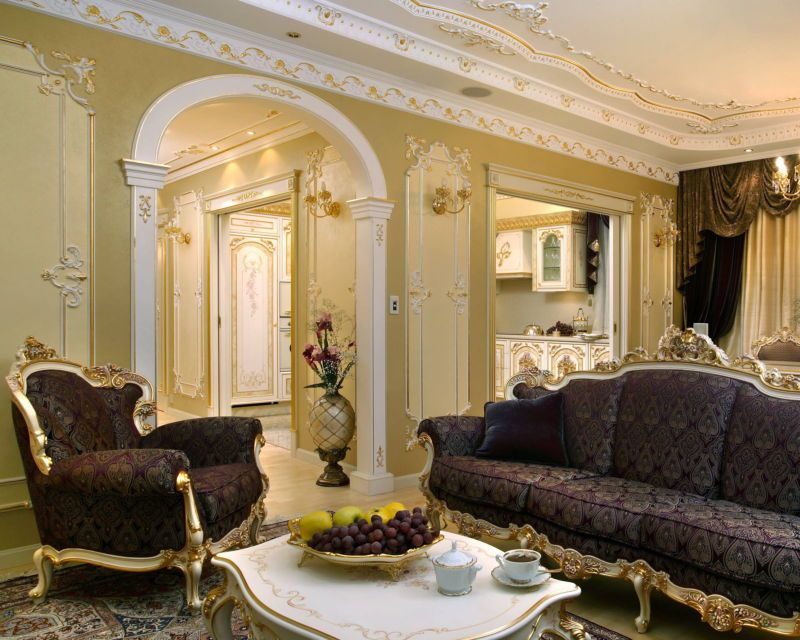 Pompous Classic styled interior with golden walls and fretwork