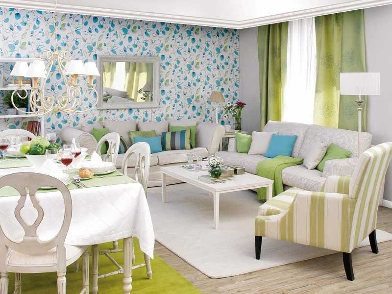 Artistic Vintage living room design with green, blue and white mix