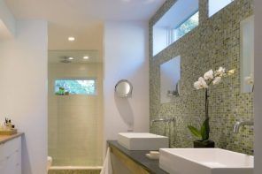 Jack and Jill Bathroom Interior Design Ideas. Top windows and accent mosaic wall in the white matted atmosphere