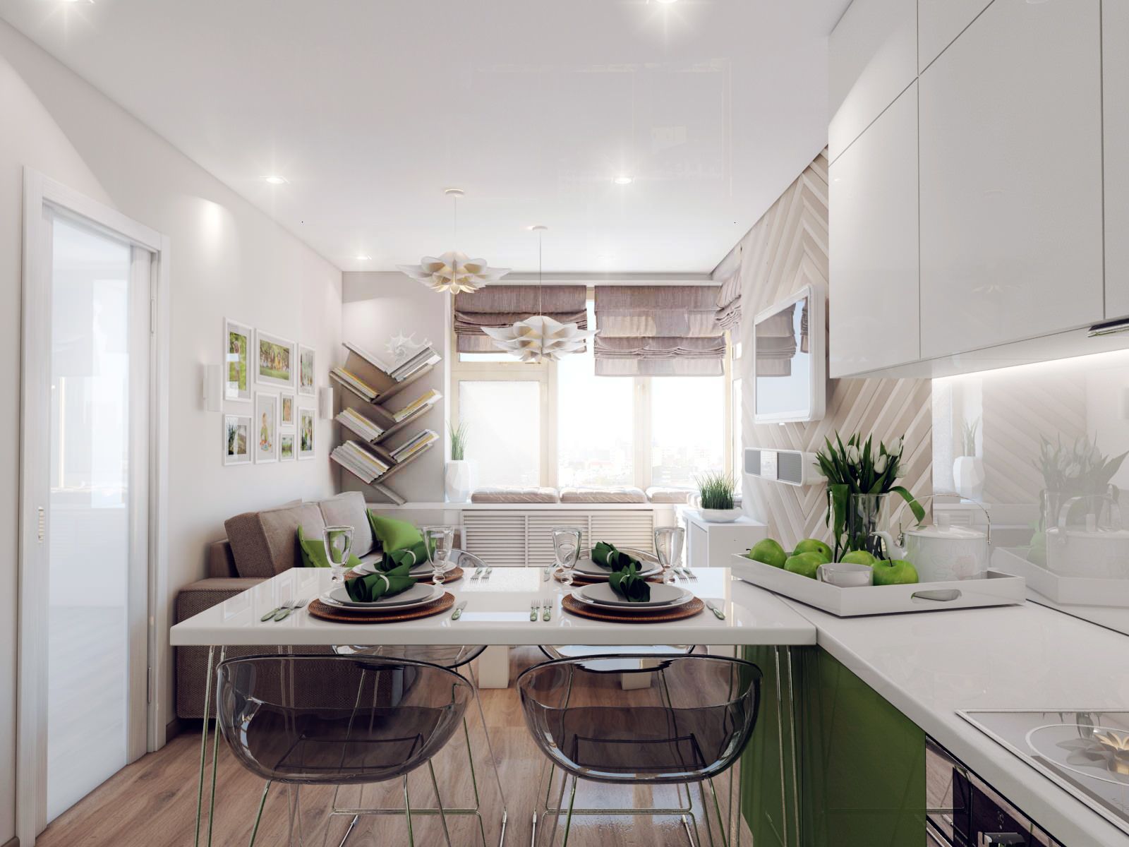White neat eco design in the combined kitchen-living room