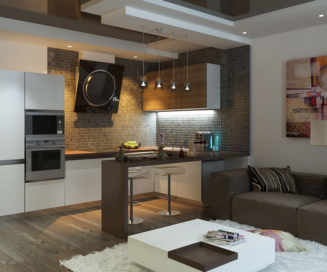 Kitchen in Living Room with Bar Counter. Original Interior Ideas. Gray counter theme and the furniture set in same pattern on hi-tech kitchen