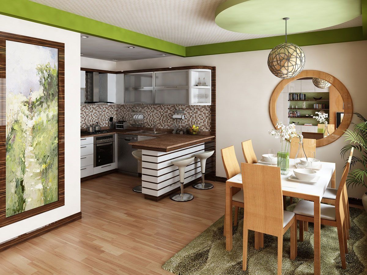 Kitchen in Living Room with Bar Counter. Original Interior Ideas. Greenish theme for the space