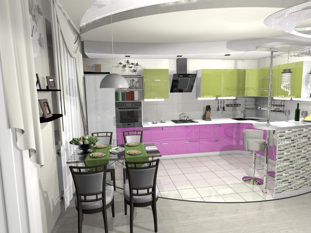 Colorful kitchen set with green top and light crimson bottom