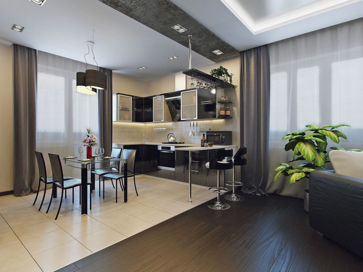 Nicely zoned kitchen space with dark bar and dining zone