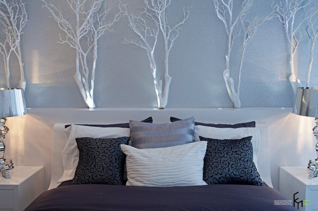 Decorative installation in the form of small trees for the bedroom headboard