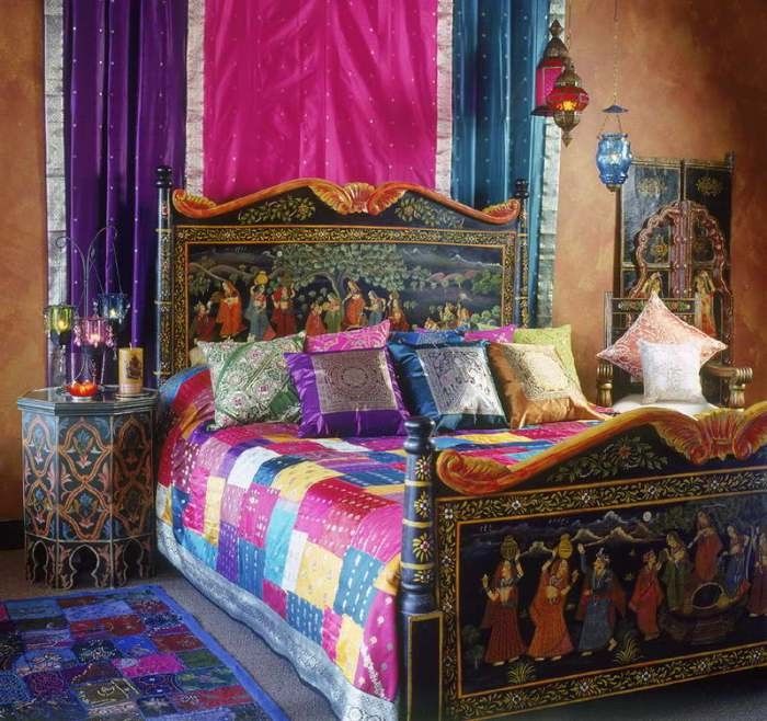 Multicolored bed coverlet and headboard curtain