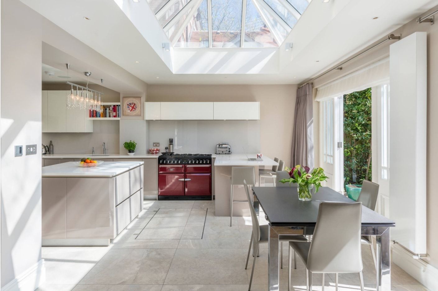 Skylight and the open terrace right at the kitchen with dining zone of the large house