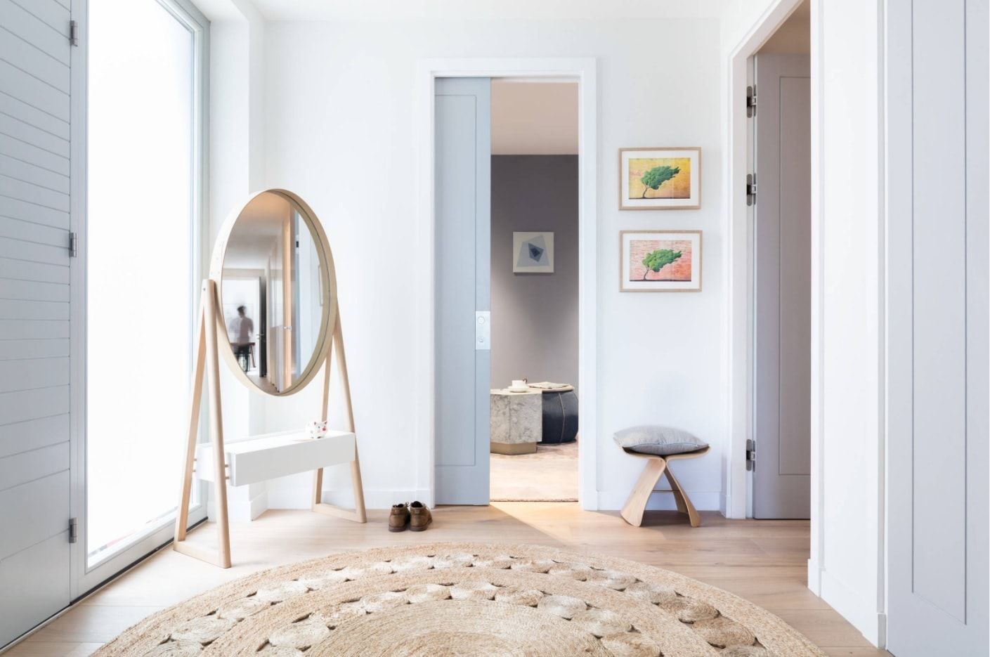 Modern Interior Design Style. Modern hallway with the white mirror in Scandi style